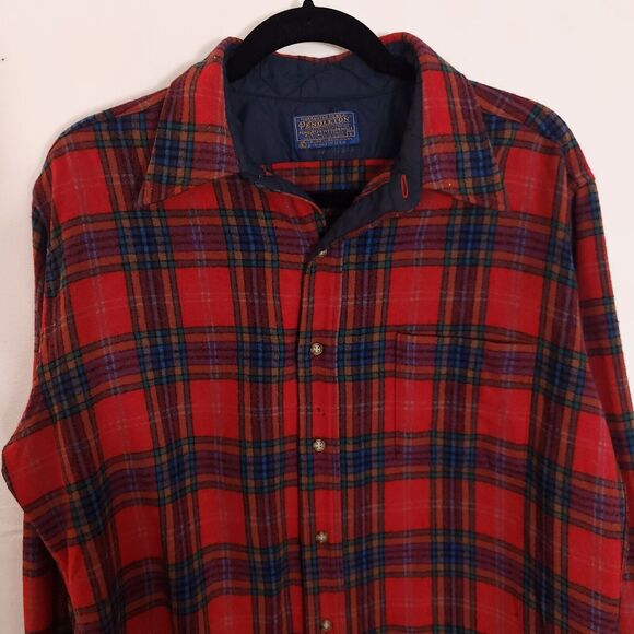 Vintage Pendleton Wool Plaid Shirt Red Tartan Button-Up Lined Size L USA 80s - Picture 2 of 7